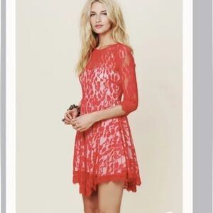 Free People Floral Mesh Lace Dress Red Sz10